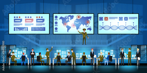 Government Surveillance Agency and Military Joint Operation in command control center. People and the military Working at System Control Center.
