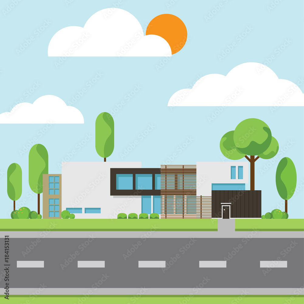 A modern houses with tree and clouds and along the roads, Modern building and architecture along the roads, Flat home vector illustration.