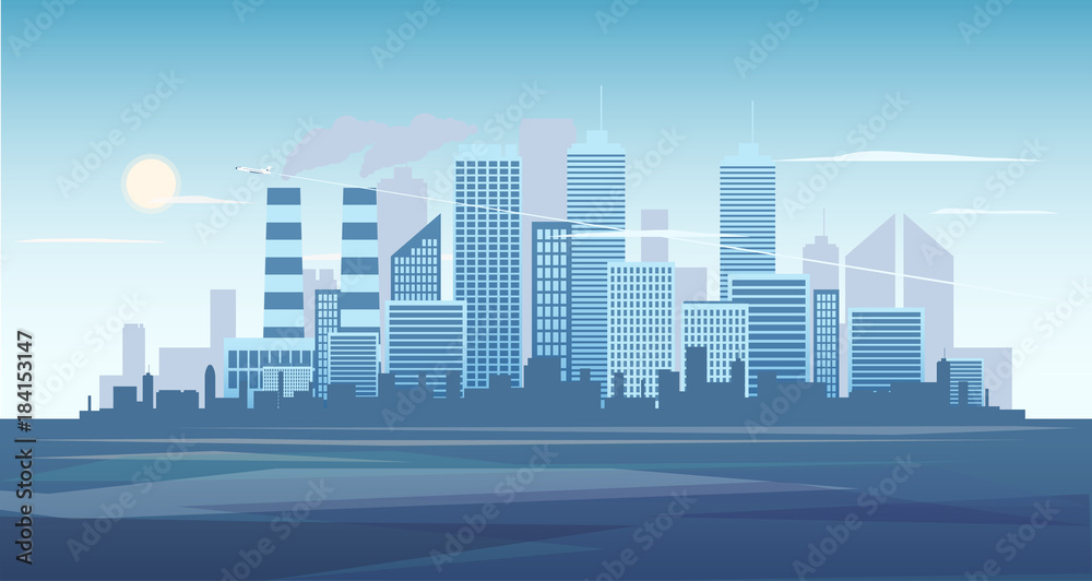 Urban background of cityscape with the factory. City skyline vector illustration. Blue city silhouette. Cityscape in flat style. Modern city landscape. Cityscape backgrounds.
