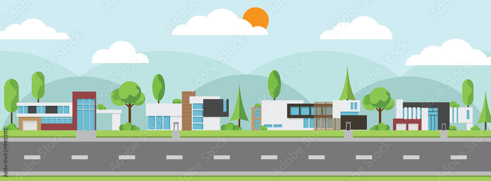 Landscape of modern houses with tree and clouds and along the roads, Modern building and architecture along the roads, Flat home vector illustration.