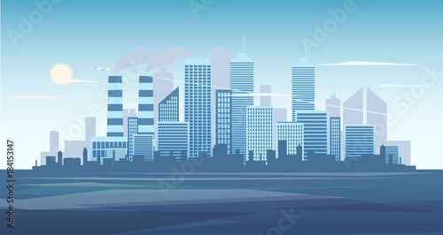 Urban background of cityscape with the factory. City skyline vector illustration. Blue city silhouette. Cityscape in flat style. Modern city landscape. Cityscape backgrounds.