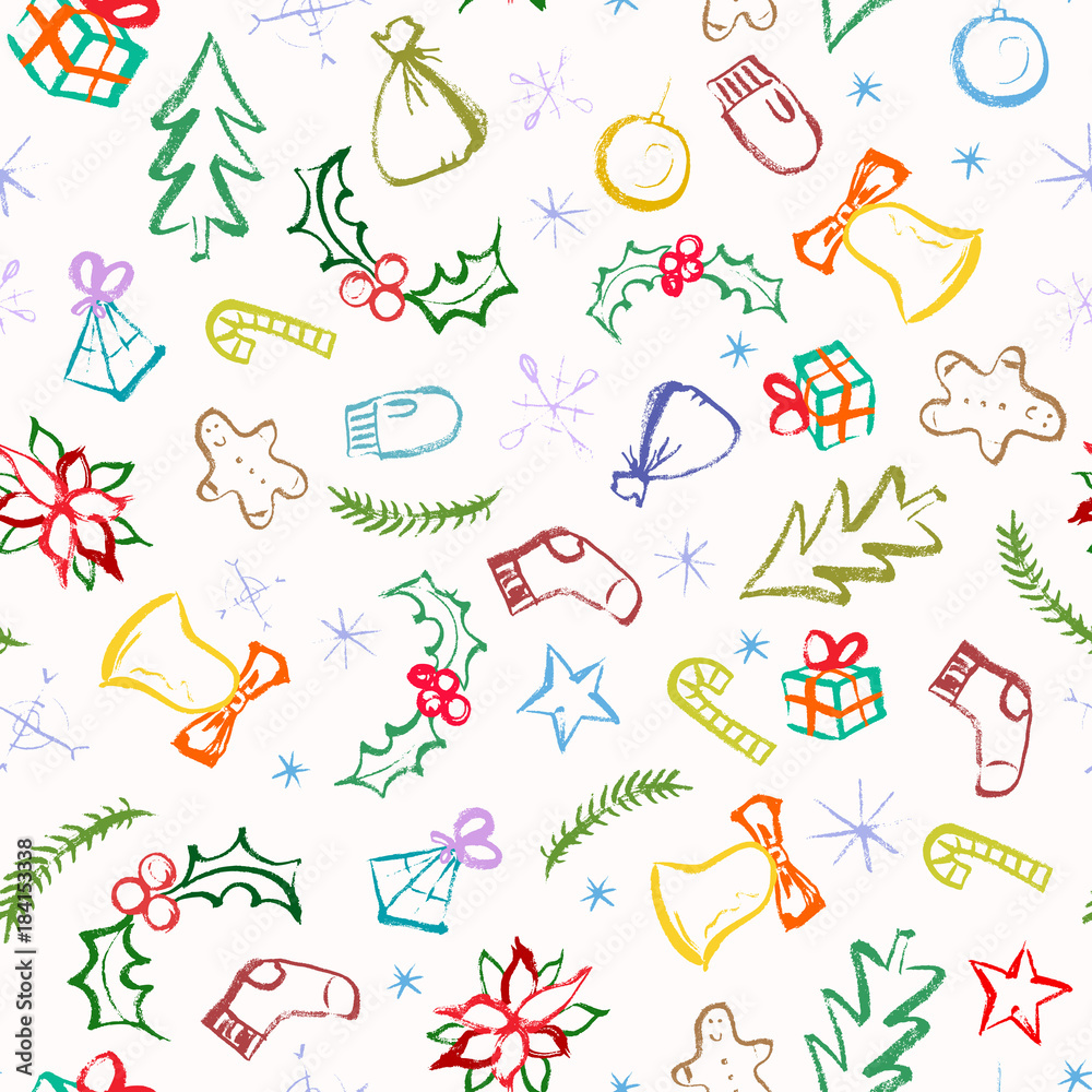Obraz premium Winter holidays seamless pattern with marker scribble colorful elements.