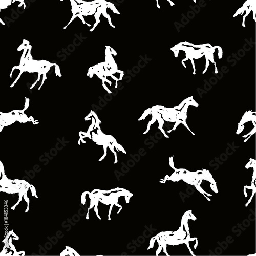 Pattern with silhouette horses in various poses and motion. Seamless black and white vector background with hand drawing horses. England equestrian sport traditional style for trendy fashion fabric.