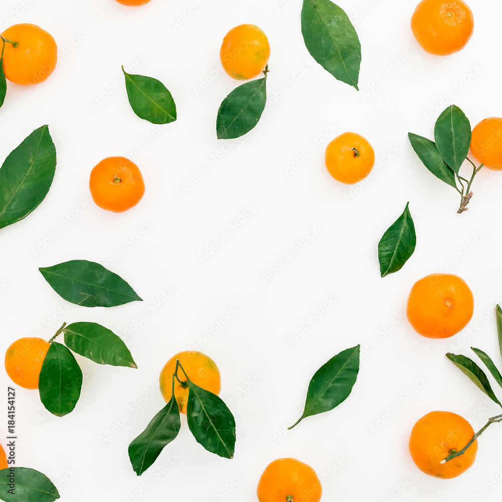 Frame of citrus fruit on white background. Flat lay. Top view