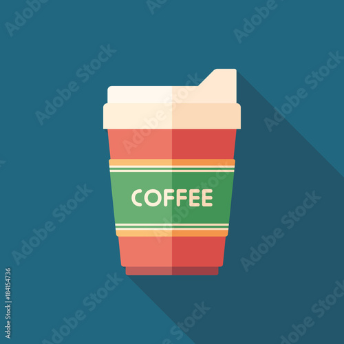 Coffee to go cup flat square icon with long shadows.