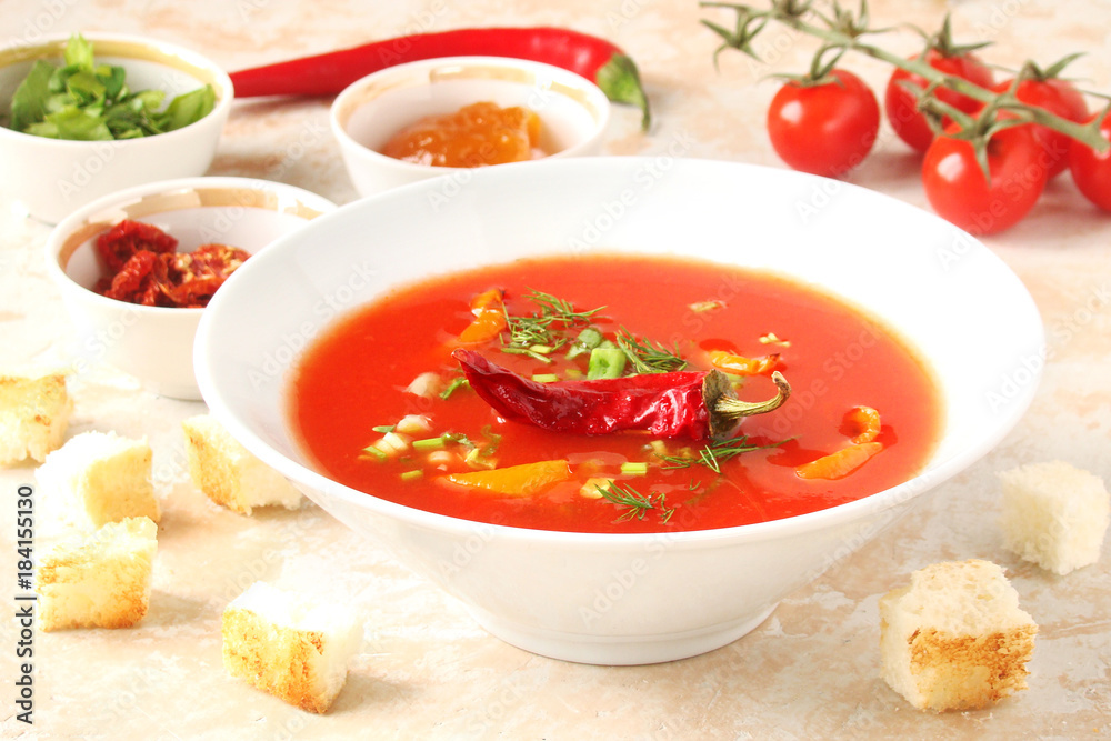 tomato soup with chilli peppers, sweet peppers, garlic, herbs and spices with toast tomato soup with chilli peppers, sweet peppers, garlic, herbs and spices with toast