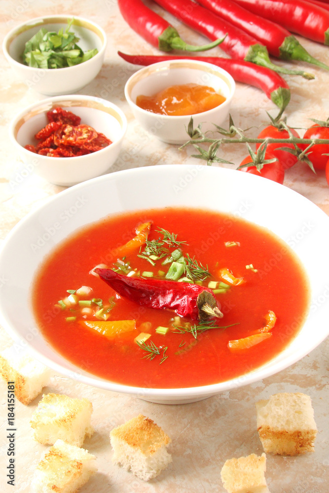 tomato soup with chilli peppers, sweet peppers, garlic, herbs and spices with toast tomato soup with chilli peppers, sweet peppers, garlic, herbs and spices with toast