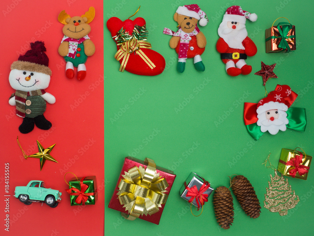 Christmas decoration background over bcolour background, above view with copy space for text .top view composition.