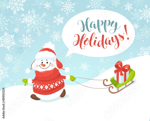 Merry Christmas greeting card. Smiling snowman in sweater with gift on sled. Funny winter vector illustration with snowy sky on background. Happy holidays postcard.