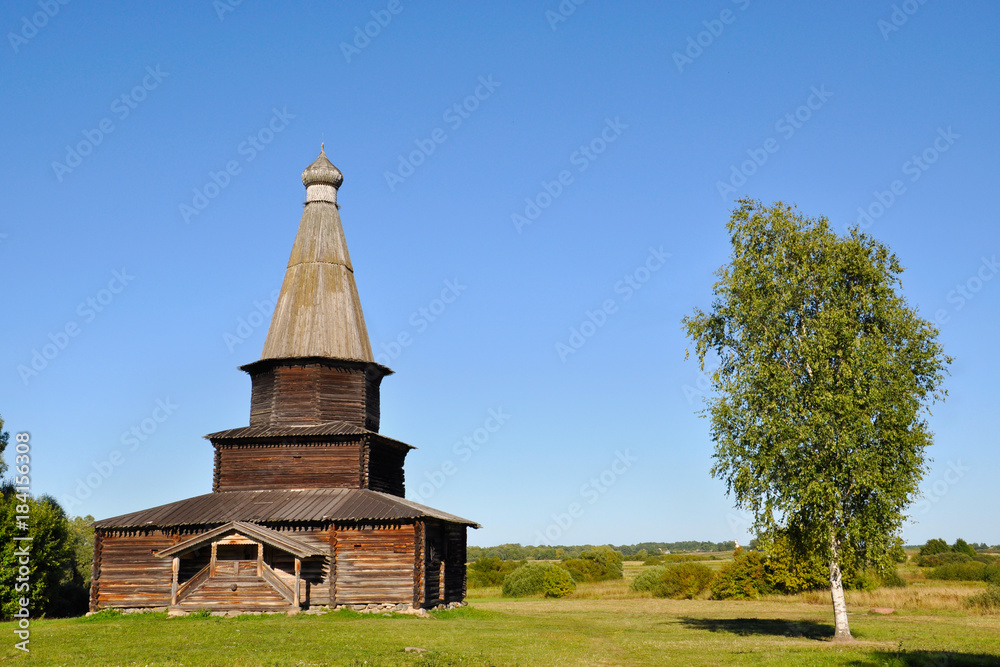 A wooden abandoned church near a birch tree in Veliky Novgorod on a summer evening, Russia.