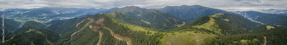 Panoramic drone view on Rachau and the Murtal in Austria