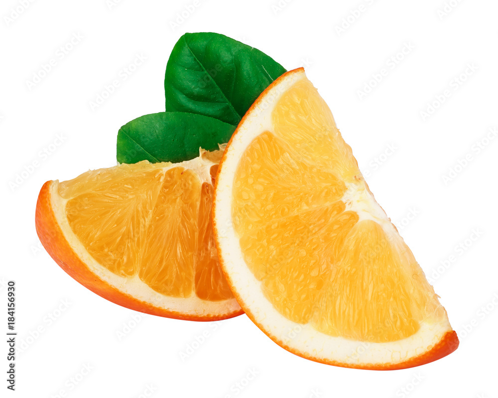 Orange slices with leaf isolated on the white background Orange slices with leaf isolated on the white background