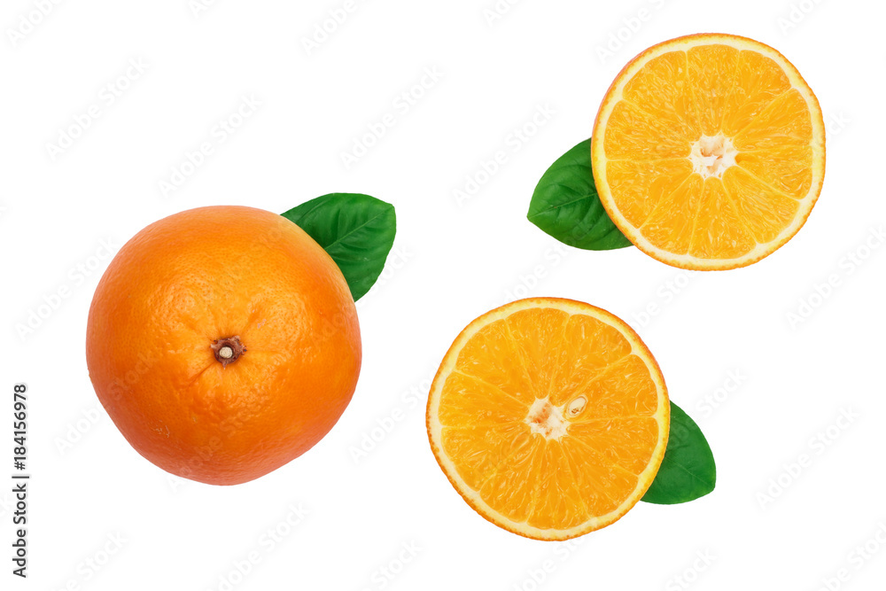 Orange with slice and leaf isolated on the white background. Flat lay pattern. Top view Orange with slice and leaf isolated on the white background. Flat lay pattern. Top view