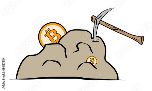 Bitcoin mining process using pickax on solid rock