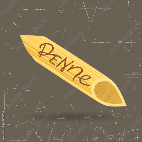 Vector illustration of pasta. Penne with lettering on a gray background. For trendy packaging, advertising, menu design.
