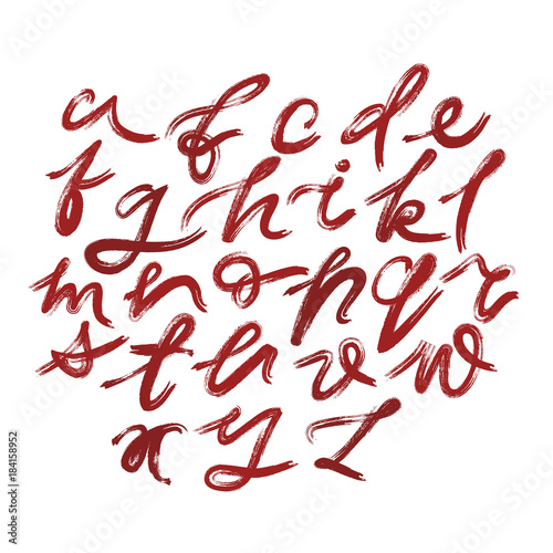 Vector set of lowercase handwritten expressive letters with unpainted areas drawn by semi-dry brush.