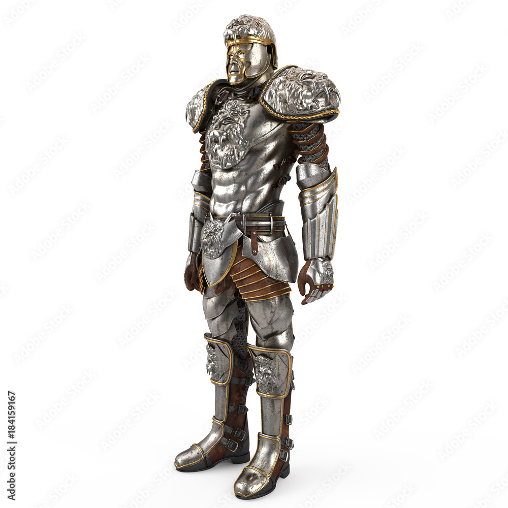 A lion full body armor suit isolated against white background. 3d illustration A lion full body armor suit isolated against white background. 3d illustration