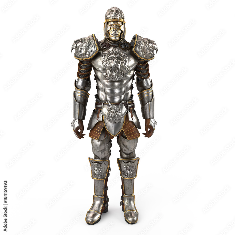A lion full body armor suit isolated against white background. 3d illustration A lion full body armor suit isolated against white background. 3d illustration