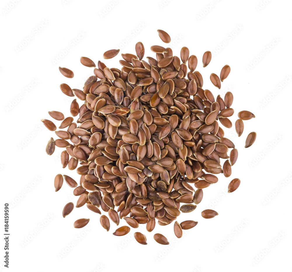Pile of flax seeds isolated on white background close-up, top view - obrazy, fototapety, plakaty 