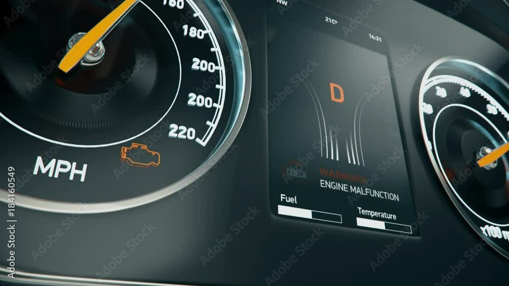 Engine malfunction, sports car gaining speed and losing traction, needs check. Warning message on car display, engine fail

