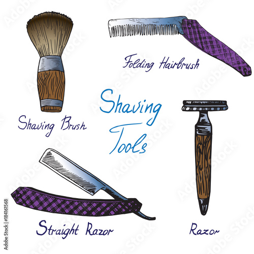 Vintage shaving tools, hand drawn doodle sketch with inscription, isolated vector color illustration