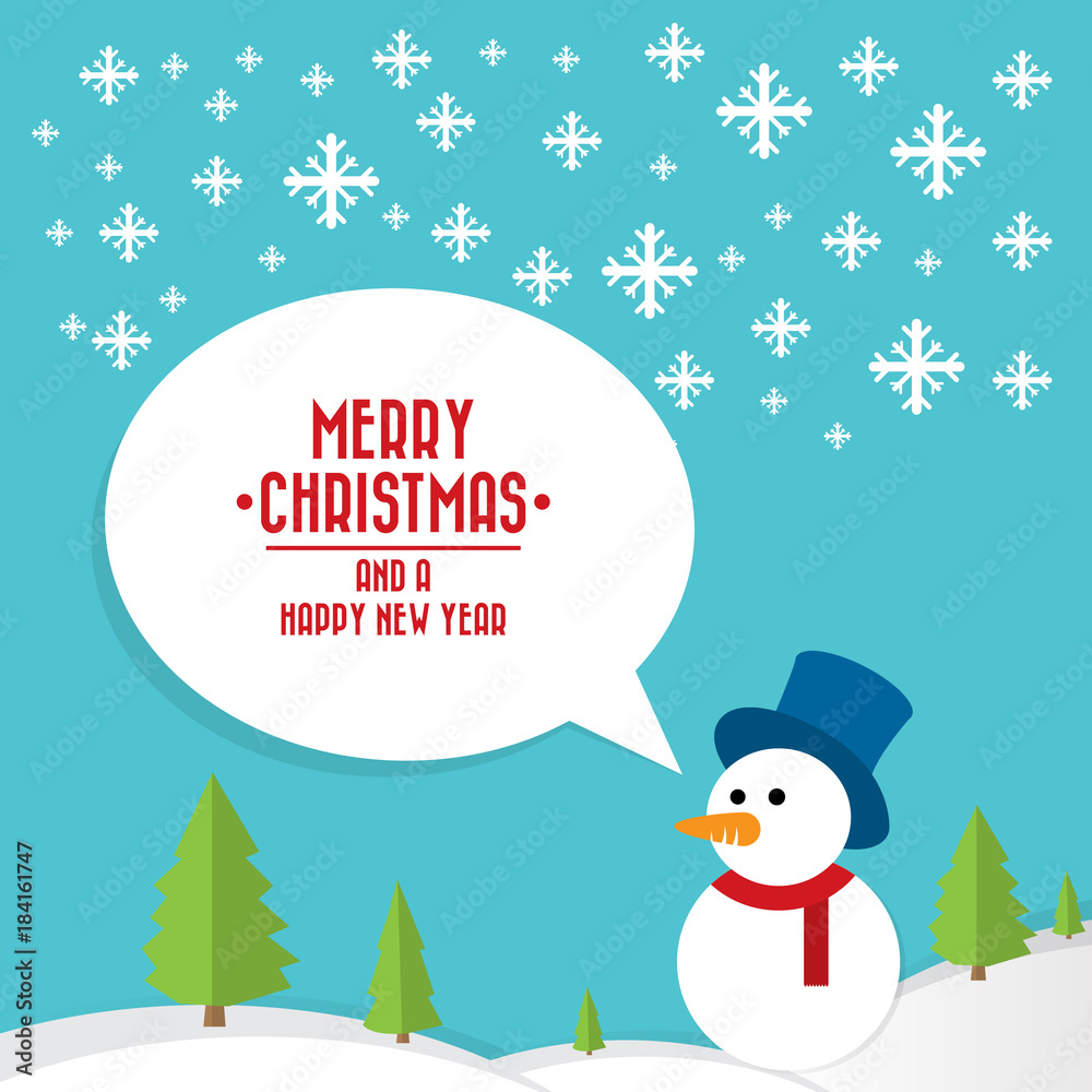 Snowy snowman with speech bubble and text merry christmas and happy new year. Festive and Christmas greeting card. Flat design. Vector illustration. Snowy snowman with speech bubble and text merry christmas and happy new year. Festive and Christmas greeting card. Flat design. Vector illustration.