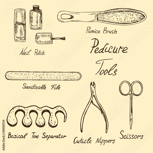 Basic nail tools, outline classical pedicure collection of tools, hand drawn doodle sketch with inscription, isolated vector color illustration