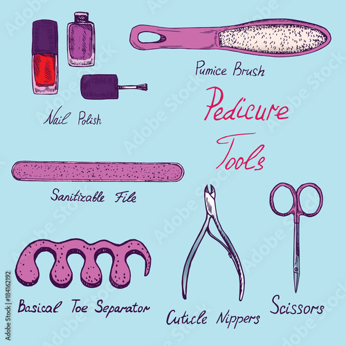 Basic nail tools, pink classical pedicure collection of tools, hand drawn doodle sketch with inscription, isolated vector color illustration