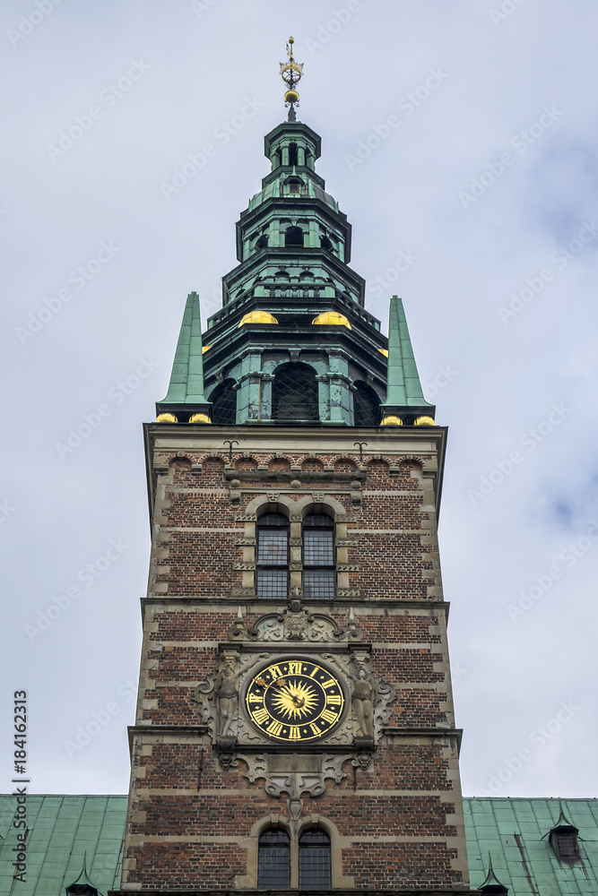 Frederiksborg Castle (Frederiksborg Slot, XVII century) - palace in Hillerod, Denmark. It was built as royal residence for King Christian IV of Denmark-Norway, now History Museum. Belfry tower.