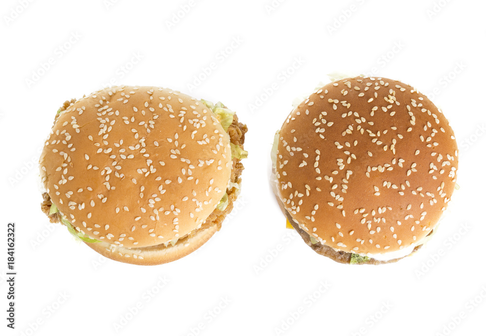 Top view of tasty hamburgers isolated on white background Top view of tasty hamburgers isolated on white background
