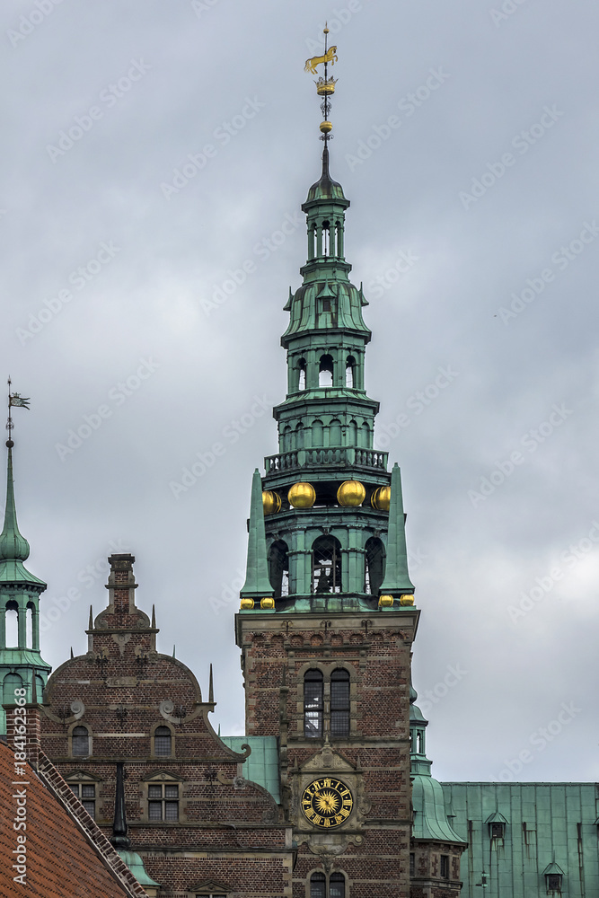 Frederiksborg Castle (Frederiksborg Slot, XVII century) - palace in Hillerod, Denmark. It was built as royal residence for King Christian IV of Denmark-Norway, now History Museum. Belfry tower.