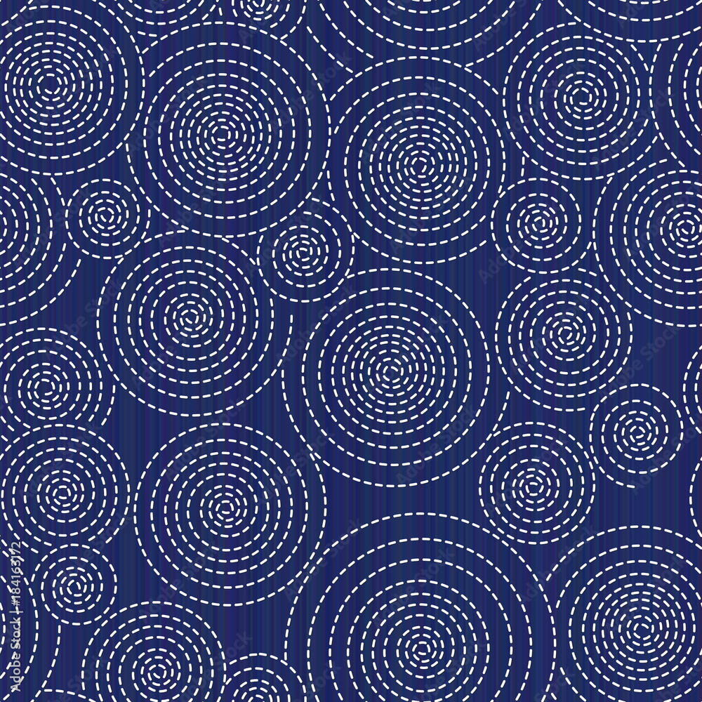 Classic japanese quilting. Sashiko. Seamless pattern. Circles and spirals. Abstract backdrop. Asian background. Needlework texture. Pattern fills. For needlework, texture or decoration.