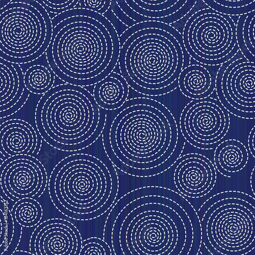 Classic japanese quilting. Sashiko. Seamless pattern. Circles and spirals. Abstract backdrop. Asian background. Needlework texture. Pattern fills. For needlework, texture or decoration.