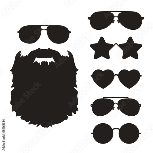 Bearded hipster face with sunglasses. Vector background.