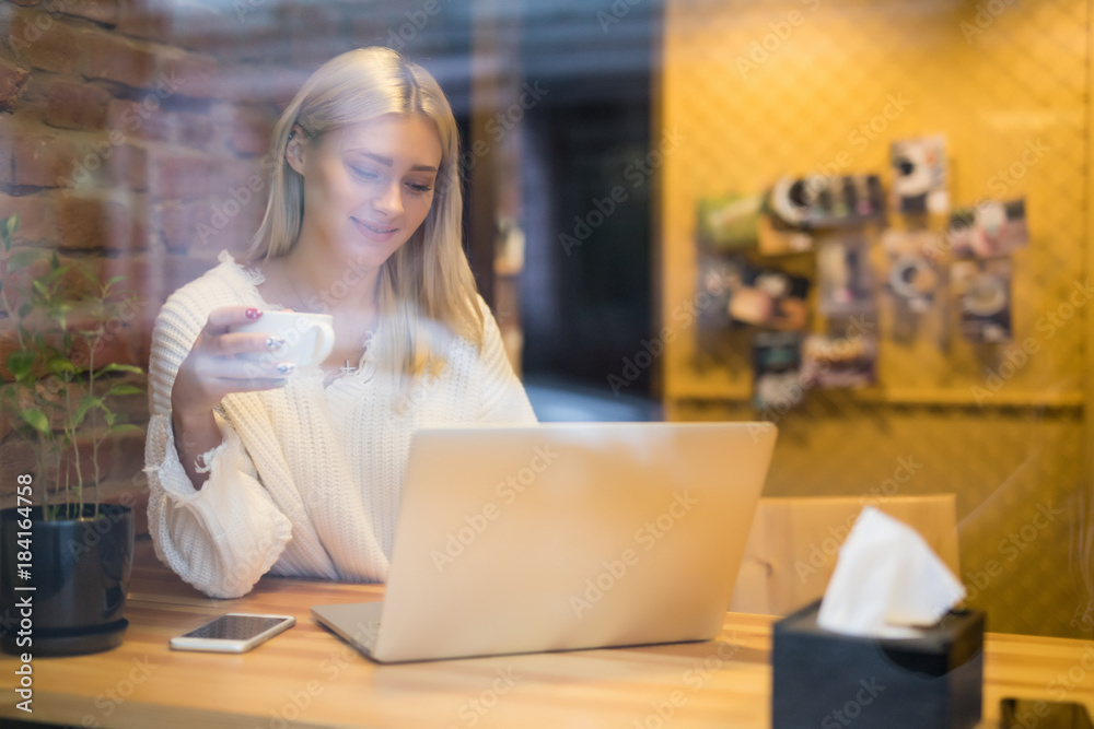 Woman using her laptop in the cafeteria view from windows