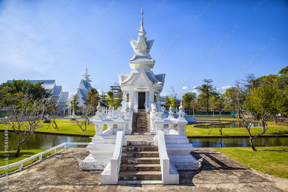 White temple Wat Rong Khun is an unconventional contemporary Buddhist and Hindu temple. It is in the province of Chiang Rai, Thailand