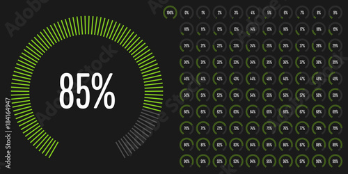 Set of circular sector percentage diagrams from 0 to 100 ready-to-use for web design, user interface (UI) or infographic - indicator with green