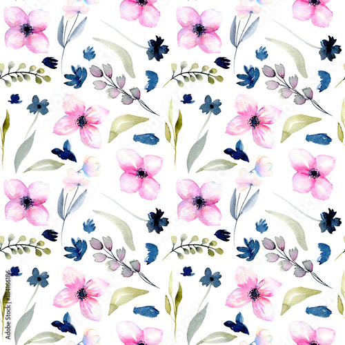 Wallpaper Mural Watercolor pink and blue wildflowers, green leaves and branches seamless pattern, hand drawn on a white background Torontodigital.ca