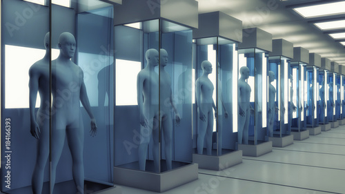 3D rendering. Humanoid figure and futuristic room