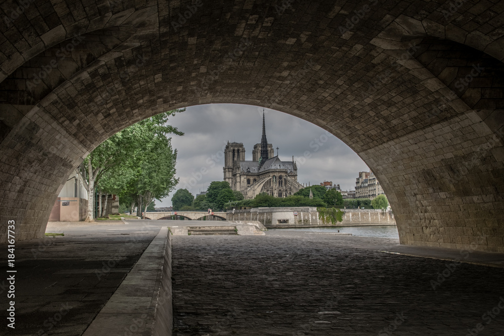 Notre Damme Paris under the bridge