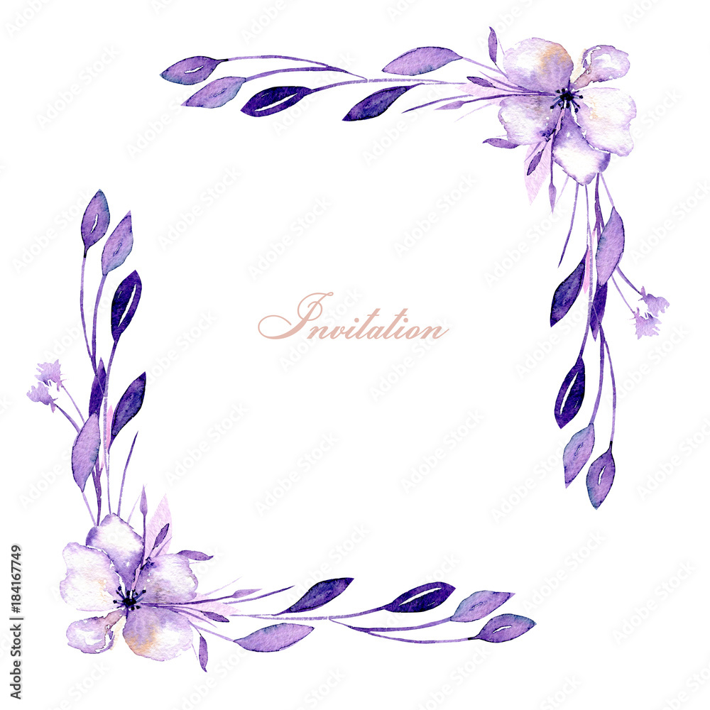 Floral corner border with watercolor rhododendron flowers and branches, hand drawn on a white background, for wedding, birthday and other greeting cards 
