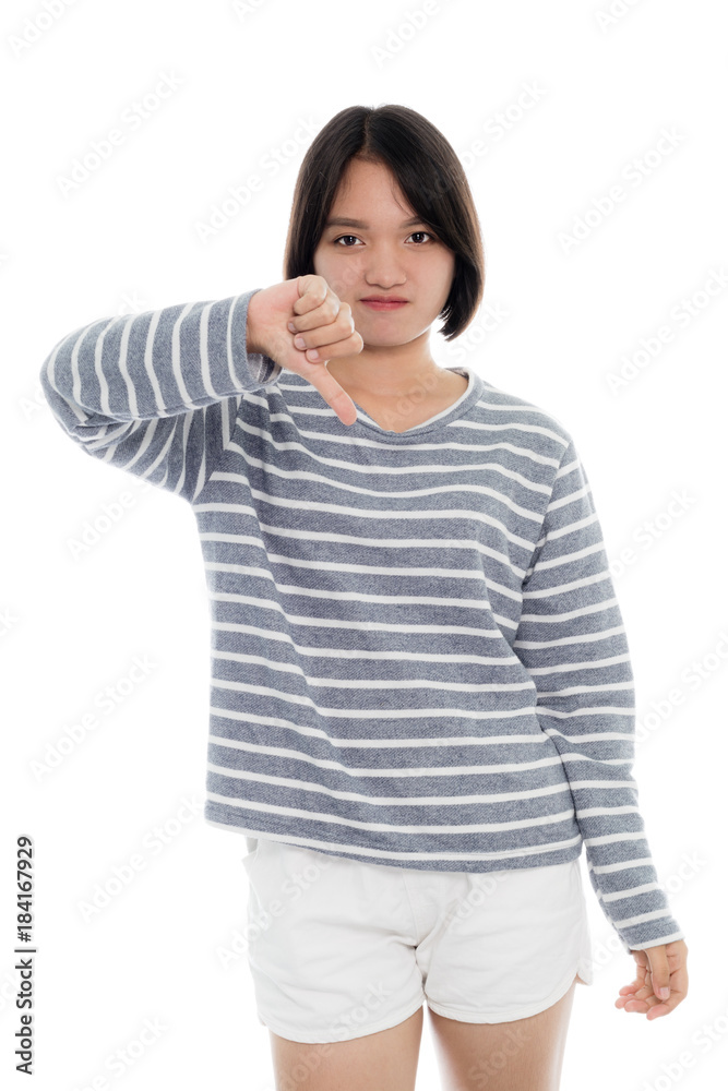 Beautiful asian woman showing thumb down mean not good, portrait studio on white background Beautiful asian woman showing thumb down mean not good, portrait studio on white background