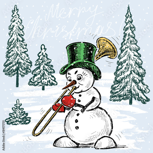 Snowman trumpeter in Christmas time
