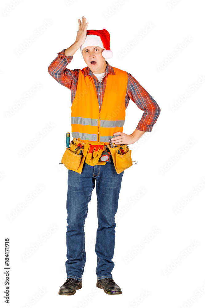 male builder in santa hat with surprised emotion male builder in santa hat with surprised emotion
