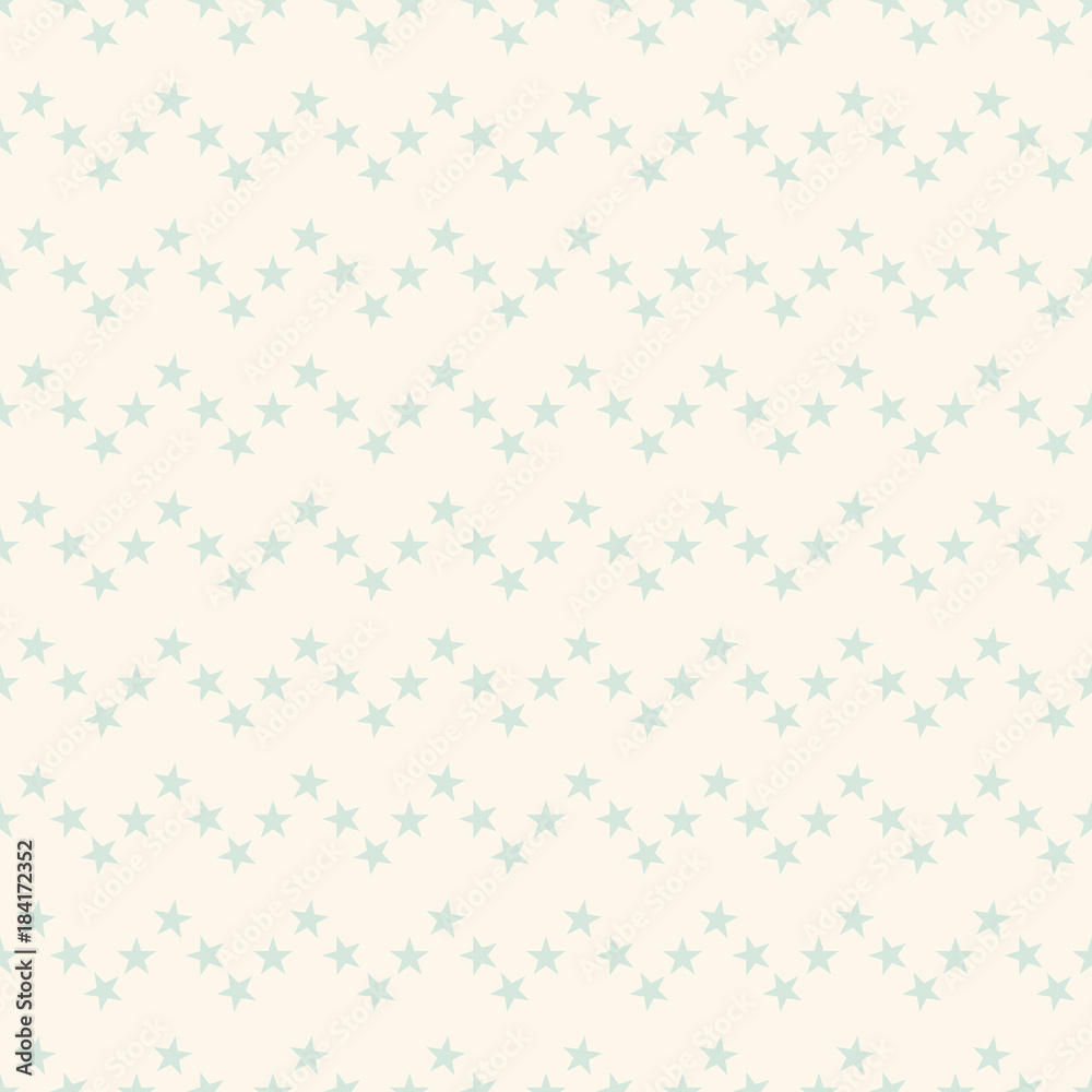Seamless cute pastel geometrical pattern with little blue stars in zigzag line on beige background. Infinity chevron abstract geometric backdrop. Vector illustration. 