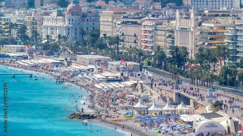 Nice beach day landscape aerial top view timelapse, France. photo