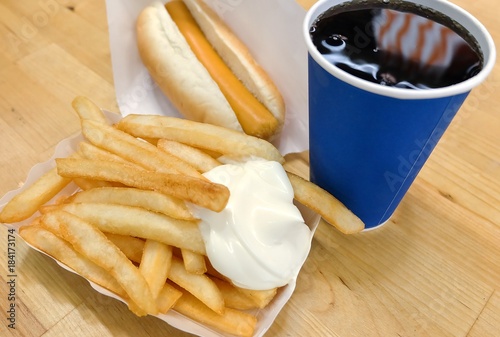 French Fries with Hot Dog and Soda Drinks