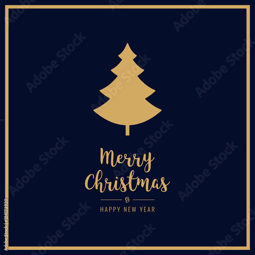 christmas tree golden silhouette greetings text blue background