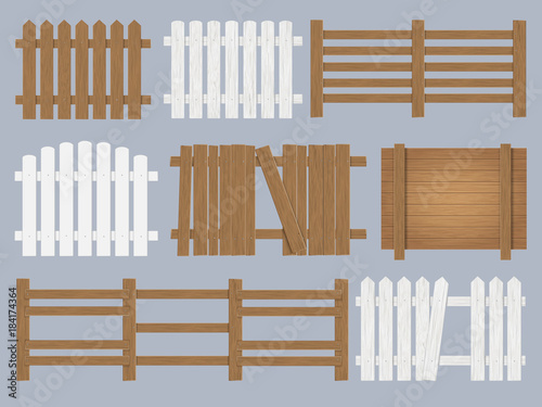 Vector set of wooden fence different forms and color. Isolated detailed design elements. photo