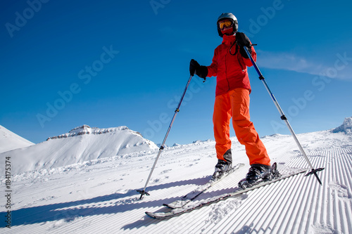 Woman prepares to ski in Gudauri ski resort, Georgia